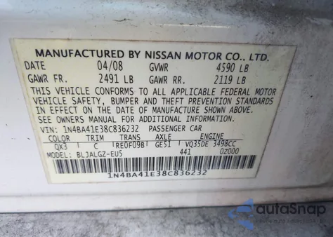 2008 Nissan Maxima 3.5 Sl from USA, damaged, VIN 1N4BA41E38C836232